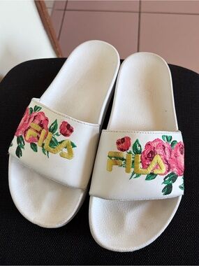 Fila White Slide Sandals with Pink Floral Embroidery